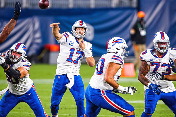 Josh Allen throws a pass from the pocket during the 2020 season